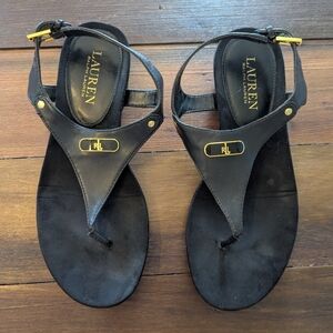Lauren Ralph Lauren Black Sandals With Gold Buckles & Accents Women Size 6B Kacy